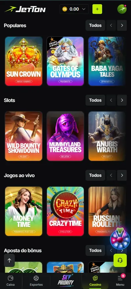 Lobby da Jetton no celular com as fileiras Populares, Slots e Jogos ao vivo